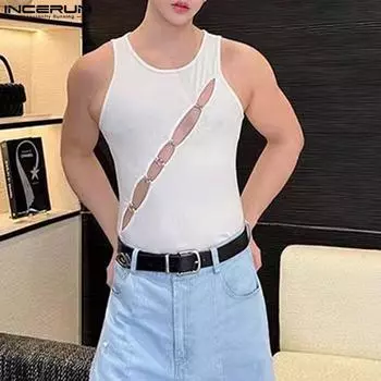 INCERUN Мужские обтягивающие майки без рукавов с вырезами из металлического кольца 4XL чёрный