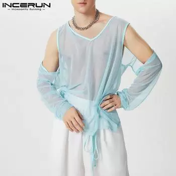 INCERUN Мужские прозрачные сетчатые топы с вырезами на рукавах, летние футболки L