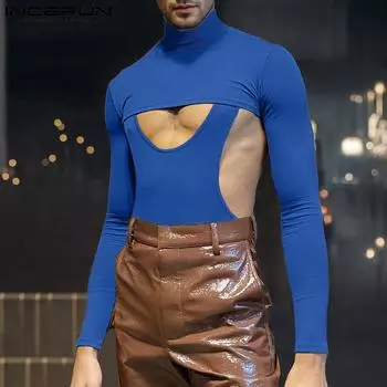 INCERUN Мужские комбинезоны с вырезом, облегающие, с длинным рукавом, с высоким воротом, с открытыми плечами 3XL чёрный