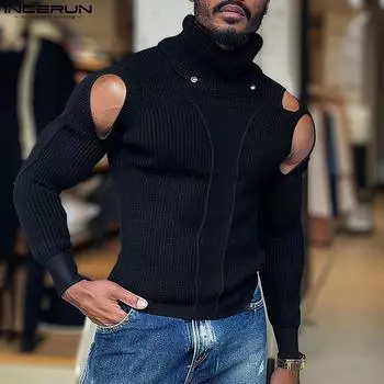 INCERUN Мужские вязаные свитера с вырезом и длинным рукавом, облегающие пуловеры с высоким воротом, топы 4XL чёрный