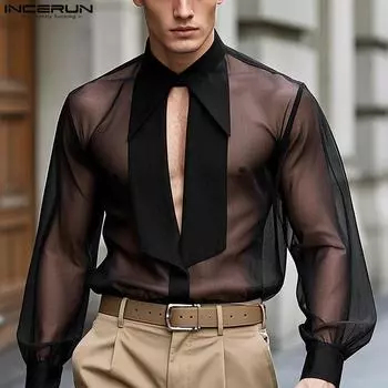 INCERUN Men Cutout Neck Long Sleeve Stitching Mesh Sheer See Through Tops Shirts XL чёрный
