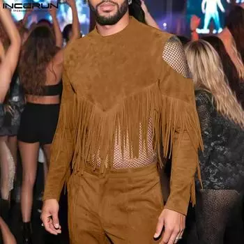 INCERUN Men Cutout Shoulder Long Sleeve Tassel Suede Party Short T-shirts Tops S красный