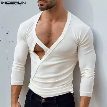 INCERUN Men Cutout V Neck 3/4 Sleeve Knitted Slim Tops T-sihrts M чёрный