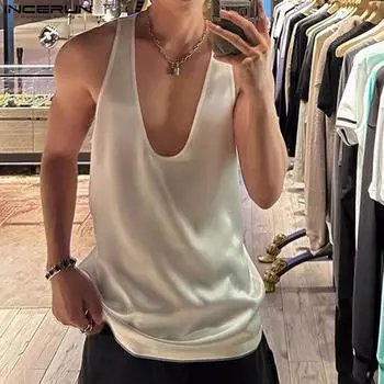 INCERUN Мужские атласные майки с глубоким U-образным вырезом для летних вечеринок без рукавов, свободные топы 3XL чёрный