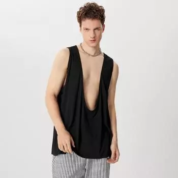 INCERUN Men Deep U Neck Sleeveless Loose Tank Tops Casual Solid T-shirts S чёрный