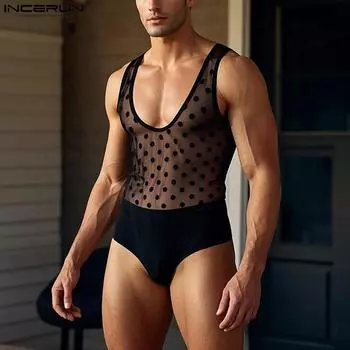 INCERUN Men Deep U Sleeveless Polka Dot Patchwork Mesh Sheer Party Bodysuits Jumpsuits S