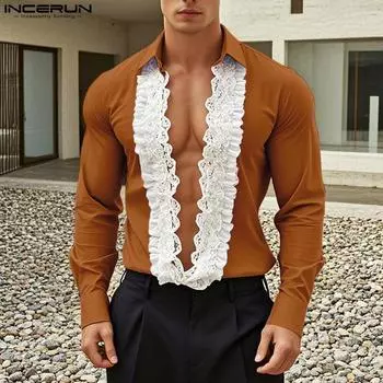 INCERUN Men Deep V Neck Lace Hem Long Sleeve Party Shirts Tops 4XL фиолетовый