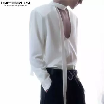 INCERUN Мужские рубашки с глубоким V-образным вырезом и длинным рукавом, повседневные свободные бандажные топы M чёрный