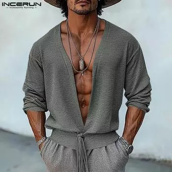 INCERUN Men Deep V Neck Long Sleeve Solid Bandage Tops 4XL синий