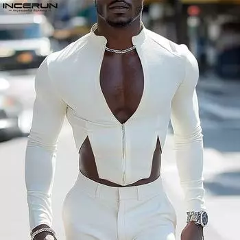 INCERUN Men Deep V Neck Long Sleeve Skinny T-shirts Zipper Irregular Crop Tops XL