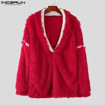 INCERUN Men Deep V Neck Long Sleeve Stitching Furry Pullover Tops 2XL красный