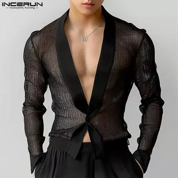 INCERUN Men Deep V Neck Long Sleeve Mesh Sheer Hollow Out Party Shirts L чёрный