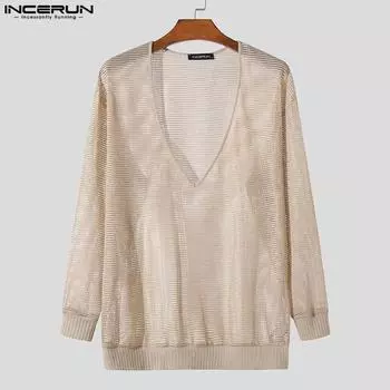 INCERUN Men Deep V Neck See Through Tops Casual Long Sleeve Fishnet Cover Up T-shirts S чёрный