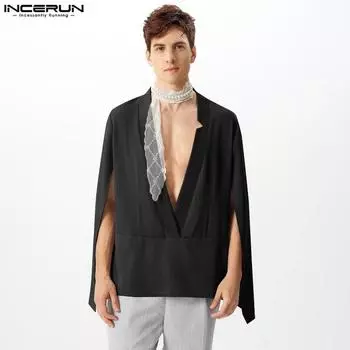 INCERUN Men Deep V Neck Shawl Style Loose Casual Cloaks Coats Cape 4XL чёрный