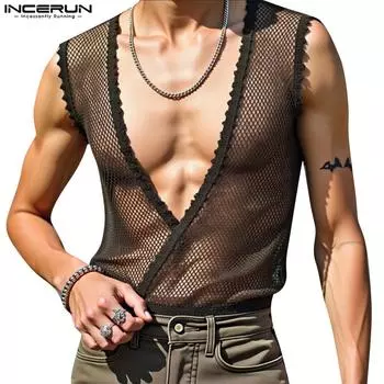 INCERUN Men Deep V Neck Sleeveless Crochet Hem Stitching Mesh Tank Tops S
