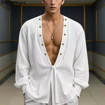 INCERUN Men Deep V Nevk Long Sleeve Front Twisted Casual Loose Shirts S белый