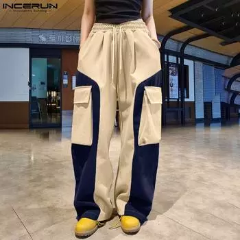 INCERUN Мужские брюки с широкими штанинами и эластичным поясом на завязках, большие карманы, повседневные длинные брюки с шитьем S чёрный