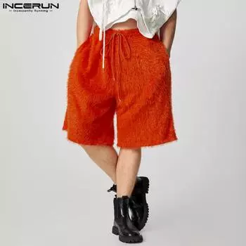 INCERUN Men Drawstring Elastic Waist Loose Furry Shorts Casual Fluffy Capri Pants M чёрный