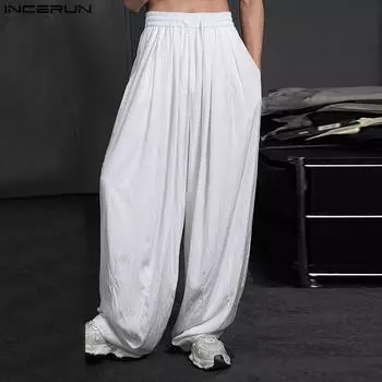 INCERUN Мужские свободные плиссированные брюки с завязками на резинке на талии, повседневные широкие брюки L зелёный