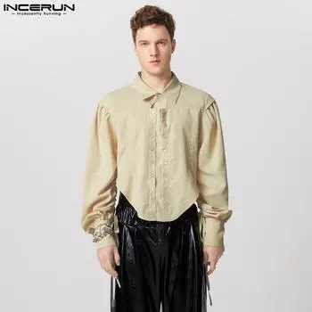 INCERUN Men Drawstring Long Sleeve Irregular Shirts Party Crop Tops S белый