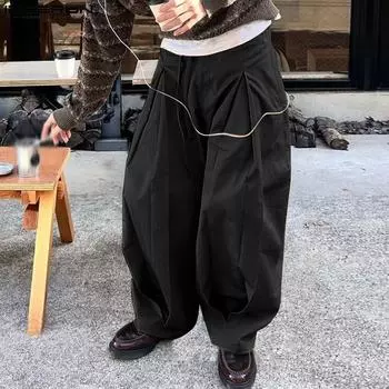 INCERUN Men Drawstring Zip Waist Rumple Casual Long Trousers Harem Pants L чёрный