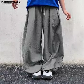 INCERUN Men Elastic High Waist Drawstring Rumple Trousers Casual Loose Cargo Pants