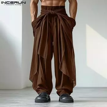 INCERUN Men Elastic Waist Bandage Irregular Layers Ruffled Casual Long Pants Trousers S чёрный