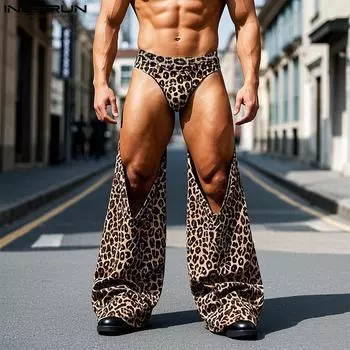 INCERUN Men Elastic Waist Briefs Cutout Leopard Party Club Long Pants Trousers S синий