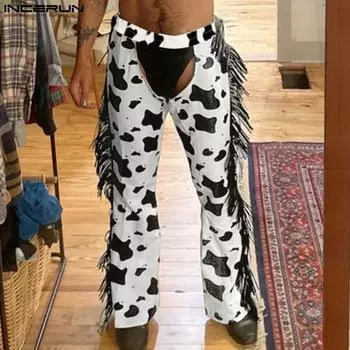 INCERUN Men Elastic Waist Cutout Tassel Hem Print Party Homewear Long Pants Trousers S белый