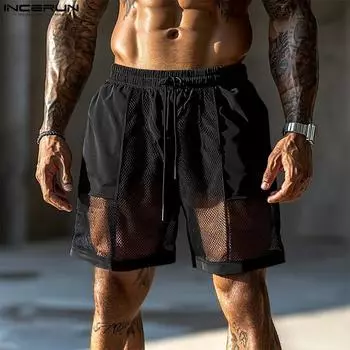 INCERUN Men Elastic Waist Drawstring Mesh Net Patchwork Casual Sports Shorts S серый