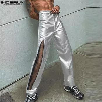 INCERUN Men Elastic Waist Glitter Long Pants Netyarn Patchwork Trousers S серебряный
