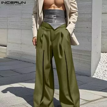 INCERUN Men Elastic Waist High Waist Long Trousers Casual Wide Legs Pants S серый