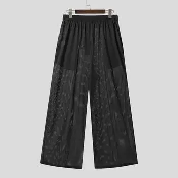 INCERUN Men Elastic Waist Hollow Out Fishnet Beach Holiday Long Pants Trousers S