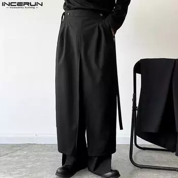 INCERUN Men Elastic Waist Irregular Layers Fake Two-piece Casual Loose Pants Trousers 4XL чёрный
