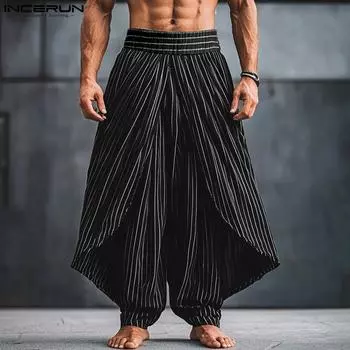 INCERUN Men Elastic Waist Irregular Layers Striped Casual Long Pants S чёрный