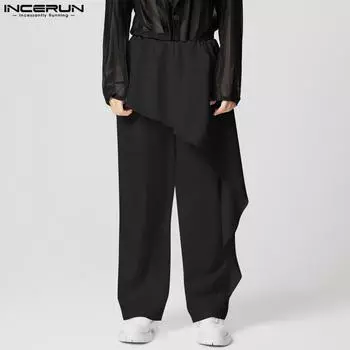 INCERUN Men Elastic Waist Layers Solid Color Casual Long Straight Pants S чёрный