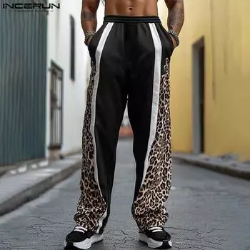 INCERUN Men Elastic Waist Leopard Print Patchwork Long Trousers Casual Pants 2XL чёрный