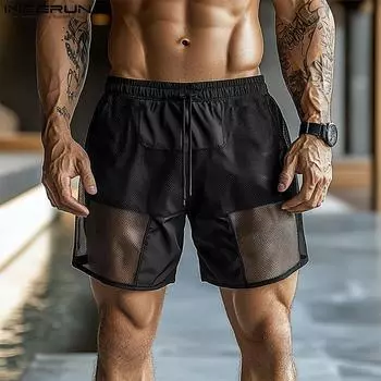 INCERUN Men Elastic Waist Mesh Sheer Shorts Hollow Patchwork Sport Gym Mini Pants 3XL чёрный