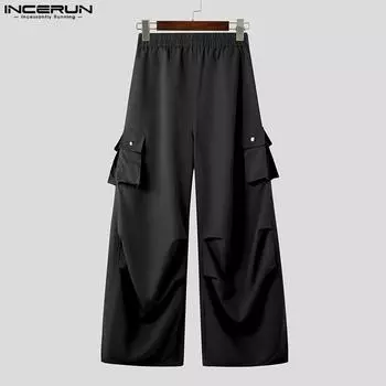 INCERUN Men Elastic Waist Pants Casual Ruffled Long Straight Trousers with Pockets S чёрный
