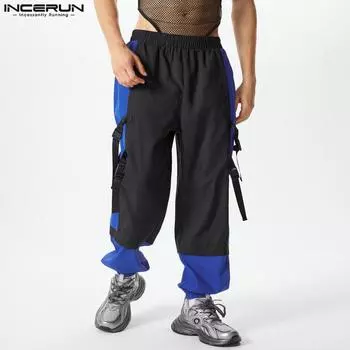 INCERUN Men Elastic Waist Patchwork Bandage Hem Long Trousers Cargo Harem Pants 5XL розовый