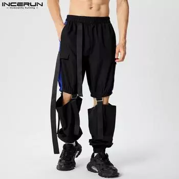 INCERUN Men Elastic Waist Patchwork Cutout Loose Long Pants Cargo Trousers 4XL темно-синий