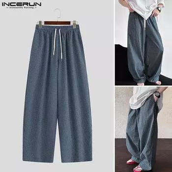 INCERUN Men Elastic Waist Plaid Casual Long Harem Pants Trousers S синий