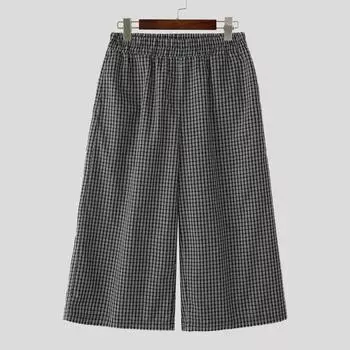 INCERUN Men Elastic Waist Plaid Print Casual Loose Wide Legs Capri Pants Shorts S