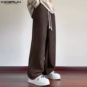 INCERUN Men Elastic Waist Print Drawstring Long Straight Pants Trousers S темно-серого