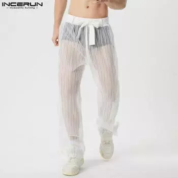 INCERUN Мужские прозрачные длинные брюки с эластичной талией для вечеринок и клуба 4XL чёрный