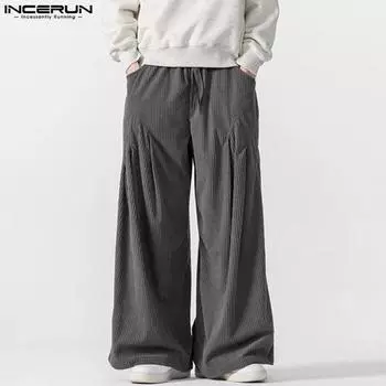 INCERUN Men Elastic Waist Texture Solid Color Casual Loose Long Wide Legs Pants Trousers 2XL чёрный