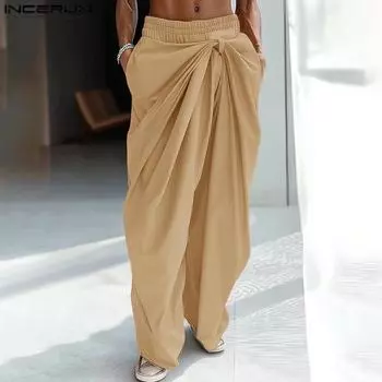 INCERUN Мужские брюки с эластичной талией, скрученные, с оборками, длинные, прямые S чёрный