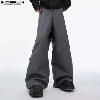INCERUN Men Elastic Zipper Waist Casual Straight Pants Pockets Long Cargo Trousers L серый