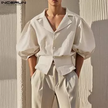 INCERUN Men Elegant Lapel Neck Half Puff Sleeve Slim Waist Casual Shirts 3XL