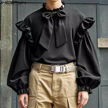 INCERUN Men Elegant Ruffled Neck Shirts Casual Bow Knot Long Sleeve Tops S чёрный